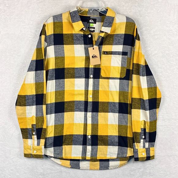 Quiksilver Plaid Flannel Shirt Mens M Yellow Black Y2K 90s Grunge SoCal Skater - Picture 2 of 10